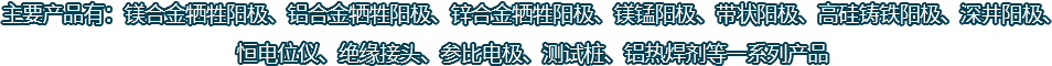 主要產(chǎn)品有：鎂合金犧牲陽(yáng)極、鋁合金犧牲陽(yáng)極、鋅合金犧牲陽(yáng)極、鎂錳陽(yáng)極、帶狀陽(yáng)極、高硅鑄鐵陽(yáng)極、深井陽(yáng)極、恒電位儀、絕緣接頭、參比電極、測(cè)試樁、鋁熱焊劑等一系列產(chǎn)品